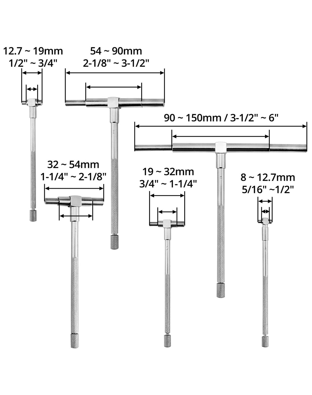 5/16 to 6 Telescopic Gauge Bore Gauge, 6 Pack Hole Gauge Set, Premium Steel T-Bore Hole Gauges Set, Measurement Tool, Telescoping Full Round Bore Gauge