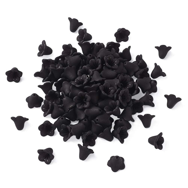 Pandahall 100pcs Black Transparent Frosted Acrylic Beads Trumpet Flower Bead Caps DIY Jewelry Making 14x10mm