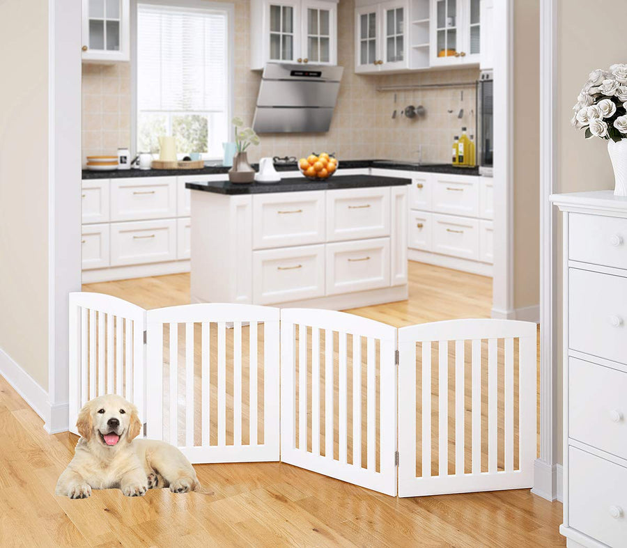 Wooden Freestanding Foldable Pet Gate for Dogs, 24 inch 4 Panels Step Over Fence, Dog Gate for The House, Doorway, Stairs, Extra Wide (White, 24 Height-4 Panels)