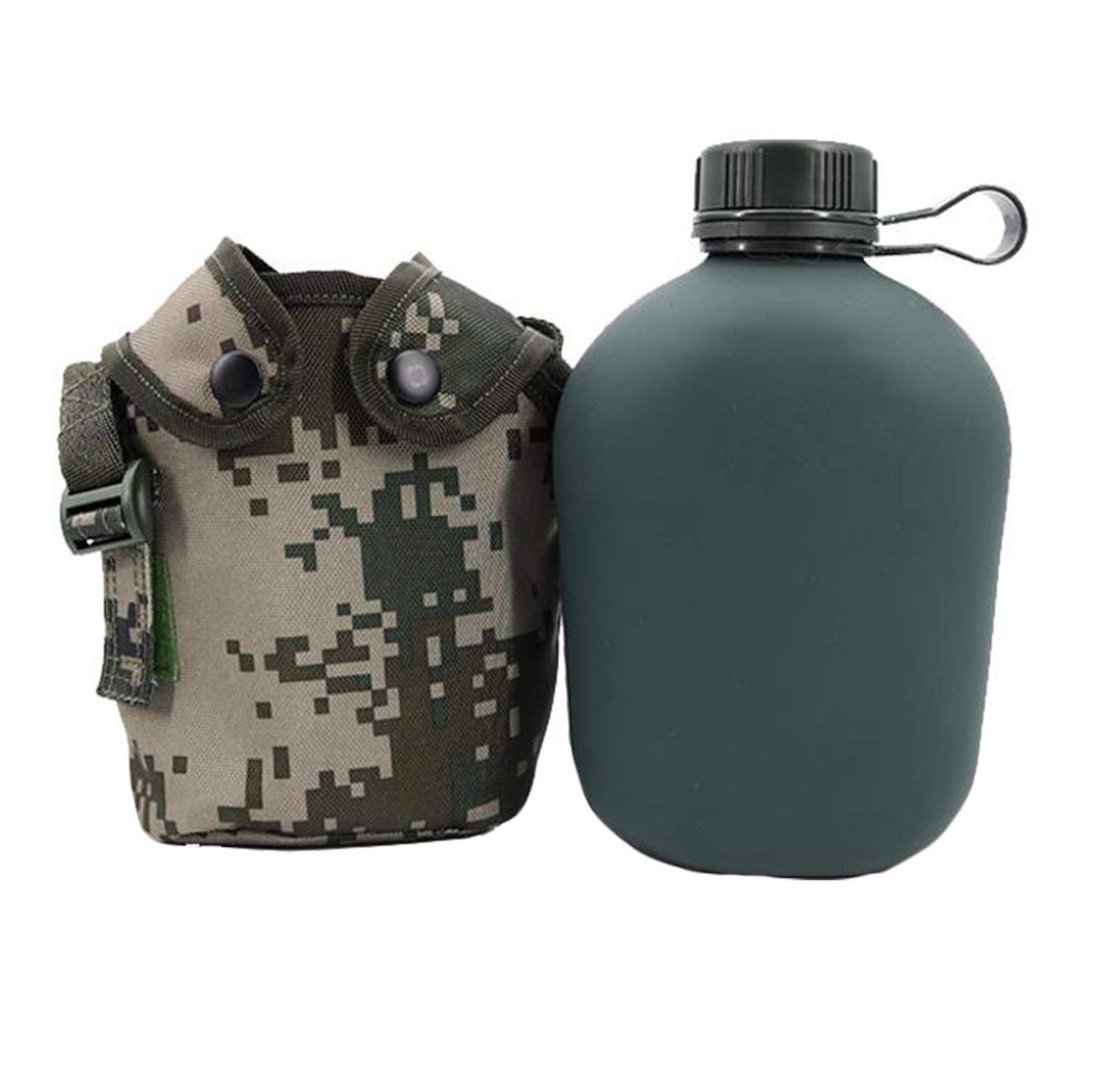 Military Canteen Water Bottle, Aluminium Water Canteen Reinforced Nylon Cover Belt Holster, Portable Water Bottles with Shoulder Strap (Woodland Camouflage 1.2 L)