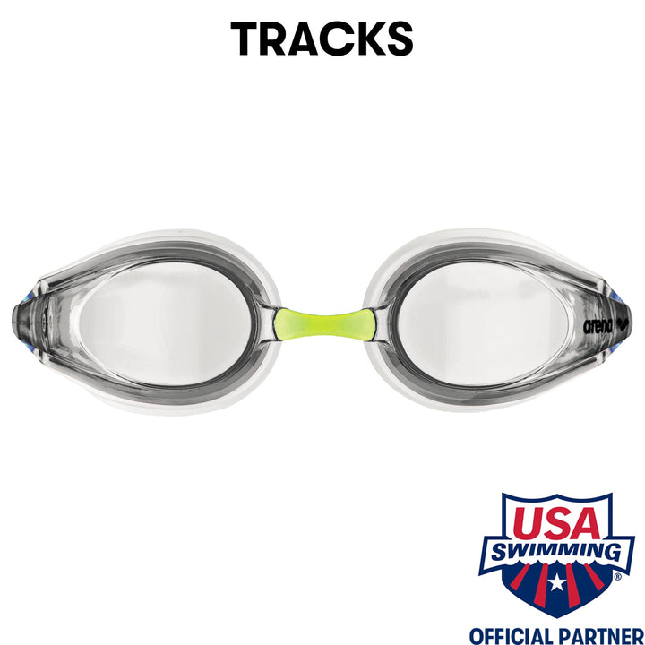 Arena Tracks Unisex Adult Essential Racing Swim Goggles for Competitive Swimmers FINA-Approved Anti-Fog Coated Non-Mirror Lens, White/Clear/Blue