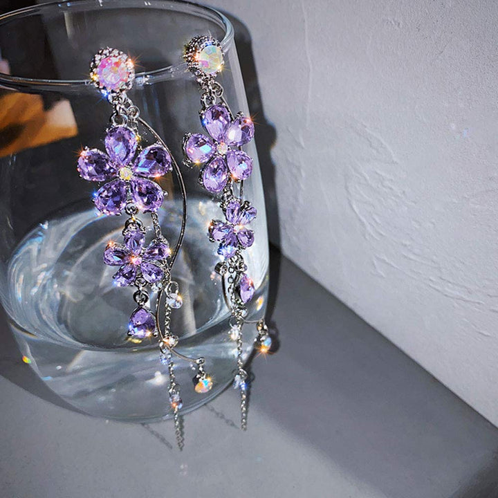 Silver Long Flower Earrings Purple Rhinestones Big Dainty Floral Drop Earrings Statement Charm Earring Body Jewelry for Women and Girls