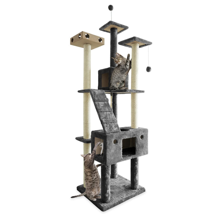 69.3 Tall Cat Tree for Indoor Cats, Ft. Sisal Scratching Posts, 2x Cat Condos, & Toys - Tiger Tough Double Decker Interactive Playground Tower - Silver Gray, One Size