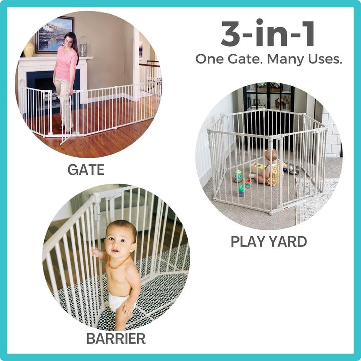 3 in 1 Metal Superyard 6 Panel Play Yard, Baby Gate, Playpen or Extra Wide Baby Fence, 151 Wide. Wall Mount Kit Included. 10 sq ft play yard (30 tall, Taupe)
