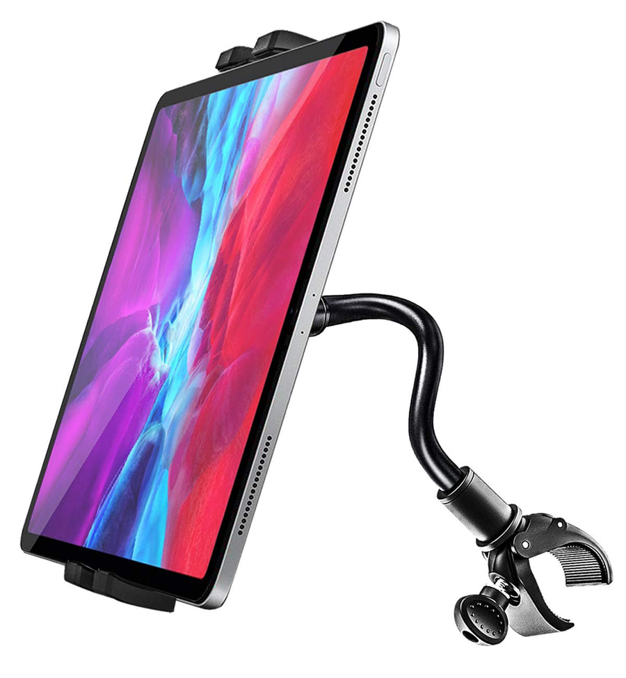 Gooseneck Spin Bike Tablet Mount, Elliptical Treadmill Tablet Holder, Indoor Peloton Stationary Exercise Bicycle Tablet Clamp for iPad Pro 12.9/Air/Mini, Galaxy Tabs, 4-13 CellPhone or Tablets