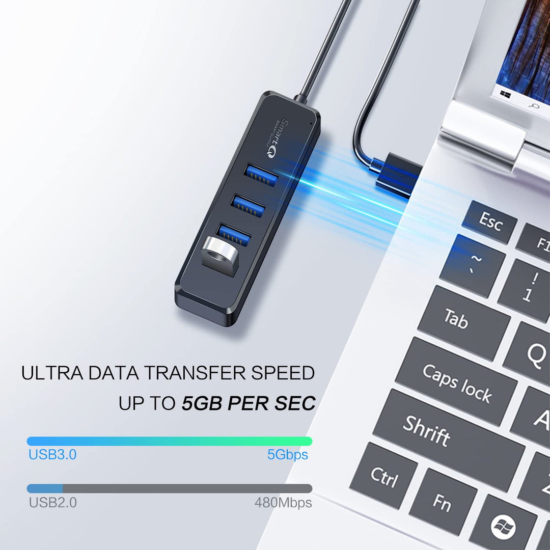 H302S USB 3.0 Hub for Laptop with 2ft Long Cable, Multi Port Expander, Fast Data Transfer USB Splitter Compatible with Windows PC, Mac, Printer, Mobile HDD