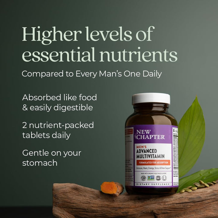 Men's Multivitamin Advanced Formula for Stress, Brain, Immune, Heart & Energy Support, Higher Levels of Whole-Food Fermented Essential Nutrients for Men + Selenium + B Vitamins, 72 ct