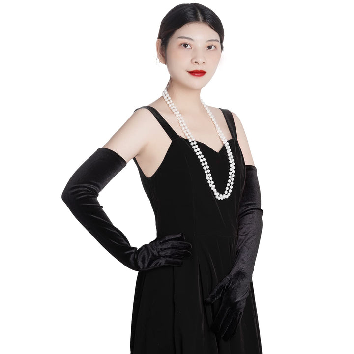 Women Long Velvet Gloves for Women Elbow Length 1920s Opera Costume Flapper Evening Banquet Party (Black)
