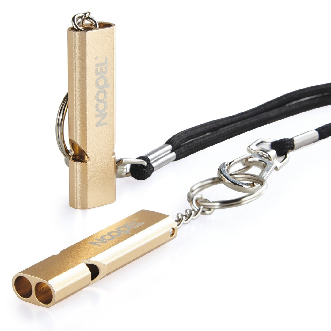 Emergency Survival Whistle Double Tubes Safety Whistle 2 Pack with Keychain for Boating Outdoor Camping Hiking Hunting Sports Dog Training (2 Pack Gold)