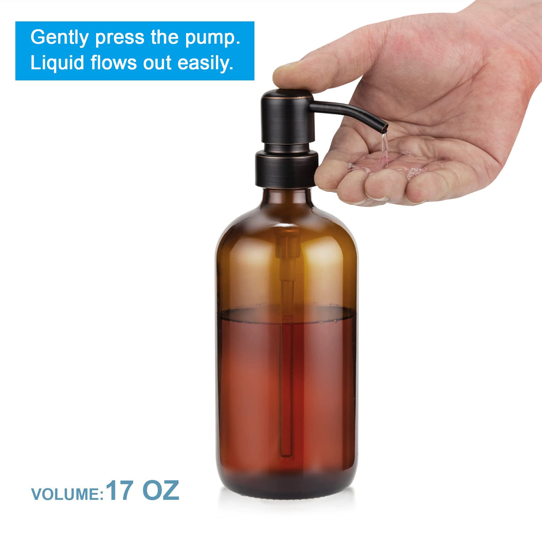 Amber Glass Soap Dispenser, 2 Pack Thick Glass Soap Dispenser with Bronze Stainless Steel Pumps, 17 Oz Hand Soap Dispenser Bottle for Liquid Lotion, Bathroom Kitchen Dish Soap Dispenser