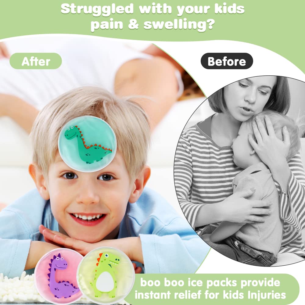 Kids Ice Packs for Boo Boos, 3 Toddler Ice Pack with Strap Nylon Fabric Boo Boo Ice Packs for Kids Injuries Reusable, Dinosaur Ice Pack for Children Pain Relief, Swelling, Bruise, Fever-4.7
