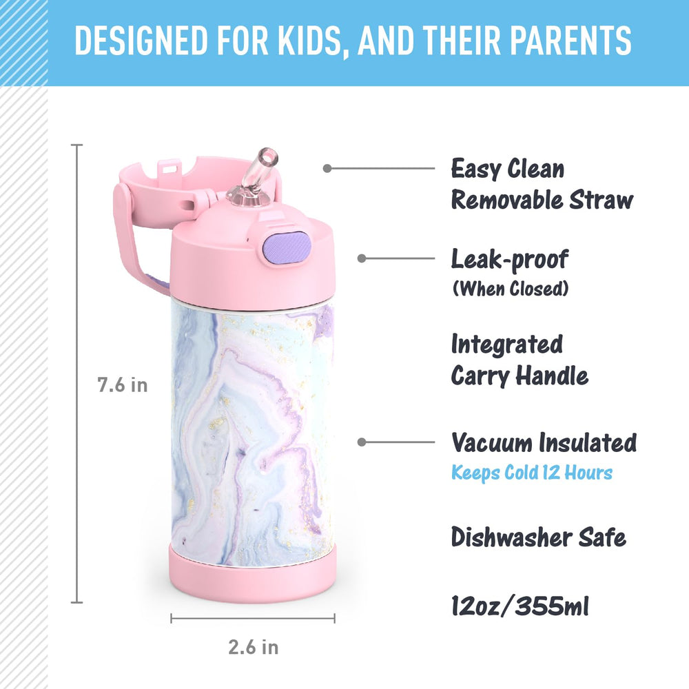 FUNTAINER Water Bottle with Straw - 12 Ounce, Dreamy - Kids Stainless Steel Vacuum Insulated Water Bottle with Lid