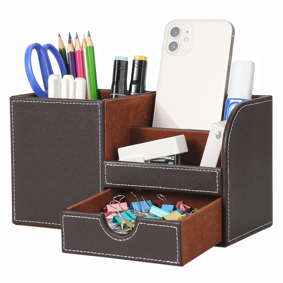 Desk Organizer Office Supplies Caddy Pu Leather Multi-function Storage Box Pen/Pencil,Cell phone, Business Name Cards Remote Control Holder with Small Drawer Brown