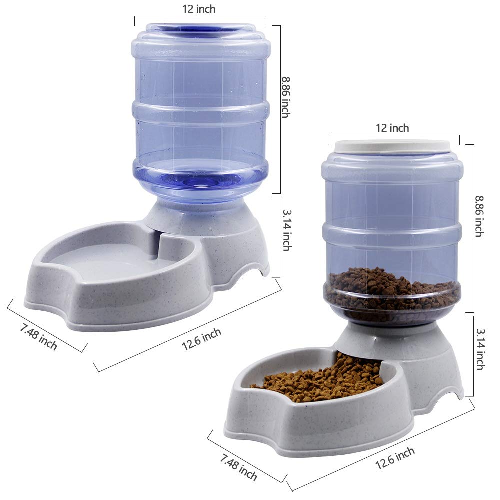Automatic Cat Feeder and Water Dispenser Set, 1 Gal x 2 Gravity Dog Water Fountain Pet Food Feeder (Grey)