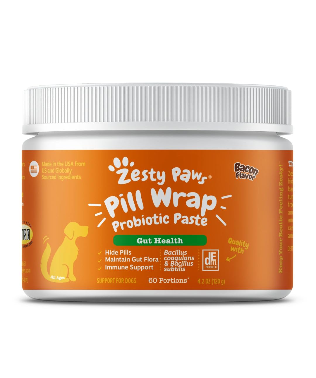 Zesty Paws Pill Wrap Probiotic Paste for Dogs - Immune & Digestive System Support - Bacon Flavor - with DE111 Bacillus subtilis - Pockets Any Pill, Tablet & Capsule for Your Dog - 60 Portions