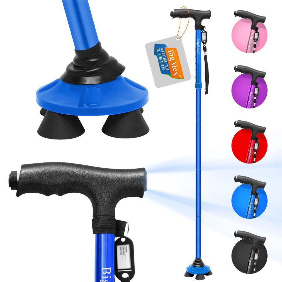 Folding Walking Cane with LED Light,Pivoting Quad Base,Adjustable Walking Stick with Carrying Bag for Men/Women