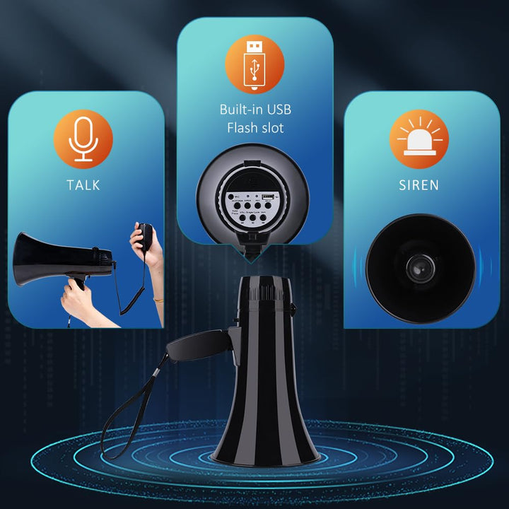 35 Watt Power Portable Megaphone Speaker PA Bullhorn with Detachable Handheld Microphone, Built-in Siren, USB Flash Drive & 240S Recording (Black)