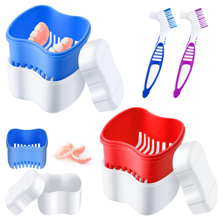 2 Denture Bath Cases with 2 Denture Cleaner Brushes Denture Cups Denture Boxes Bath Dentures Container with Basket Denture Holder Denture Brush Retainer Case for Travel Retainer Cleaning