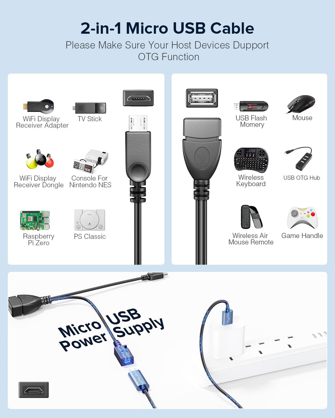 2-in-1 Micro USB (OTG Cable with Power) Adapter Replacement for Fire Stick 4K /Host Devices/PlayStation Classic etc- 2 Pack