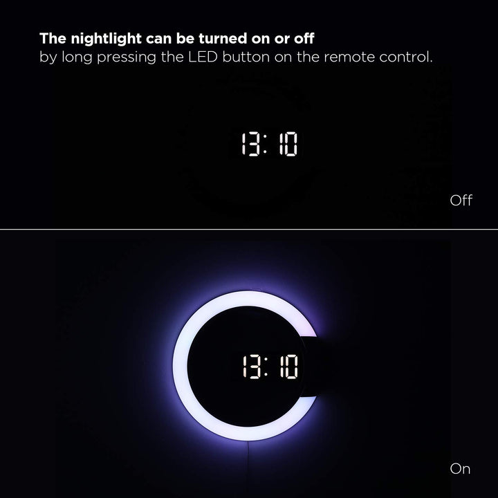 Moodlight Dual Mirror Clock, 7 Color nightlight, 2 LED Colors (White/Orange), Adjustable LED Brightness, 12/24H Mode, Temperature Display, Alarm & Snooze, LED Clock with Remote Control