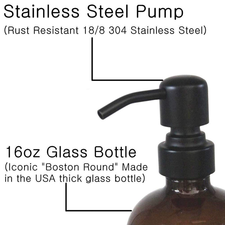 2 Pack Thick Amber Glass Pint Jar Soap Dispenser with Matte Black Stainless Steel Pump, 16ounce Boston Round Bottles Dispenser with Rustproof Pump for Essential Oil, Lotion Soap