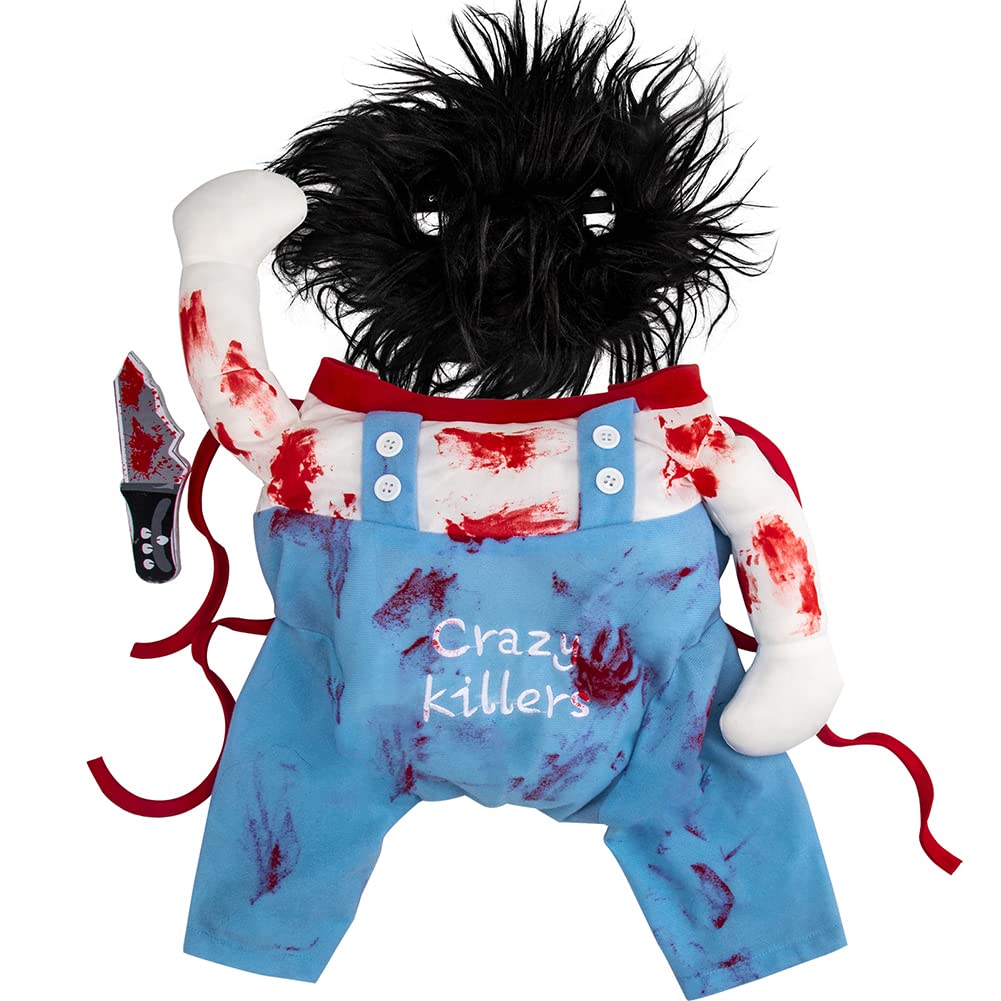 Deadly Dog Clothes Dog Halloween Costume Pet Deadly Dog Costume, Adjustable Dog Cosplay Costume Funny Doll Wig Pug Dog Party Clothes Christmas Dog Deadly Costume with Blood Knife Medium