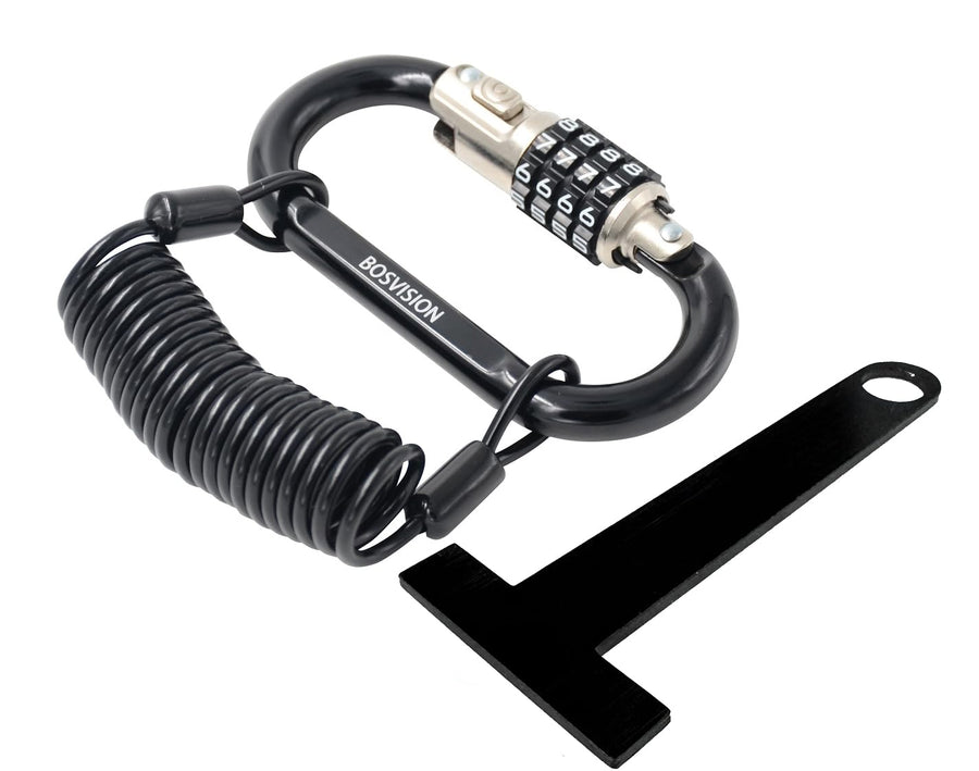 Motorcycle Helmet Lock, 4-Digit Combination Carabiner/karabiner Lock with Cable, Helmet Lock with 5' (150cm) Coiled Security Steel Cable