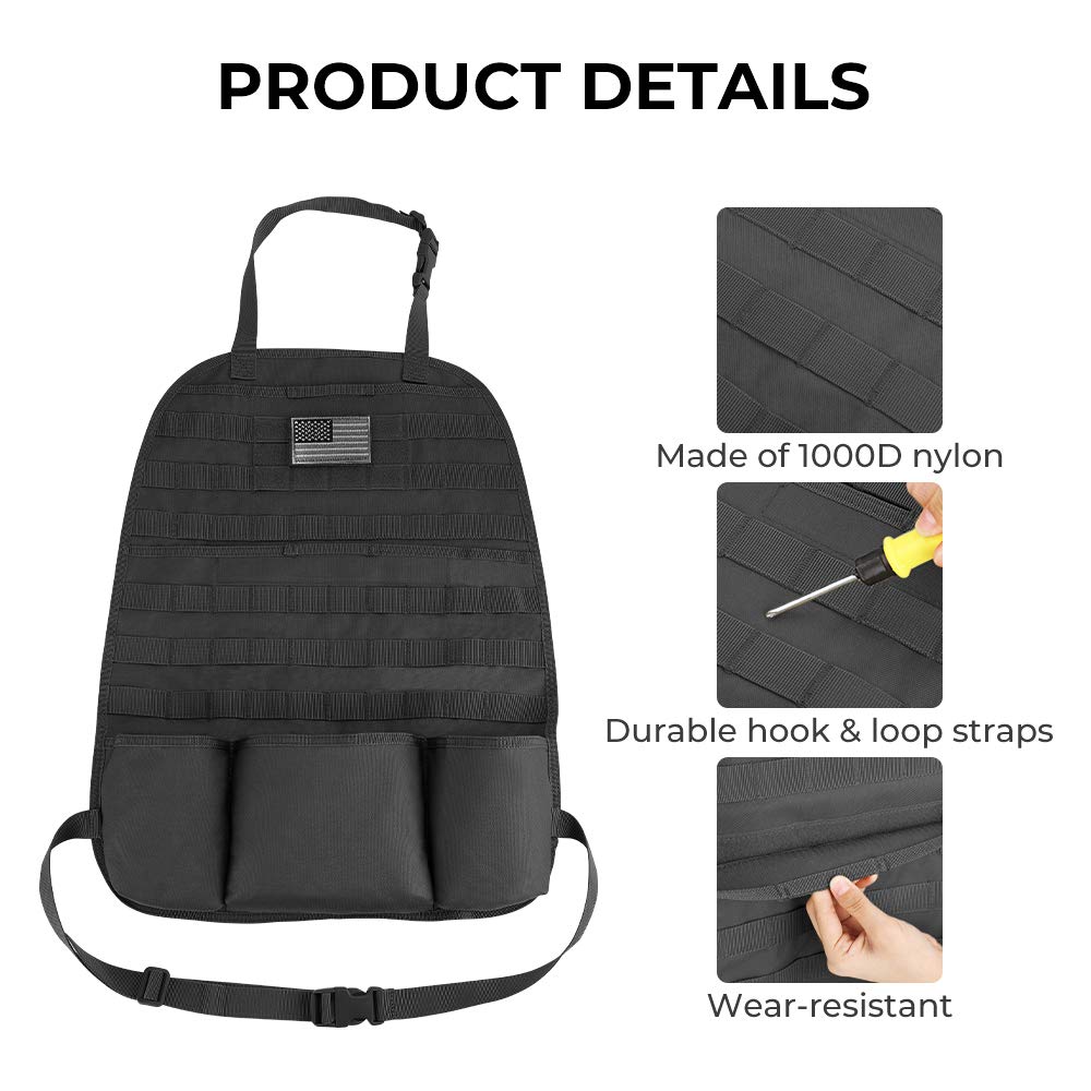 Car Seat Back Organizer, 2 Pack Universal Molle Seat Back Organizer, Tactical Molle Vehicle Panel Car Seat Cover Protector Compatible with Wrangler SUV Truck with 3 Storage Pouch - Black