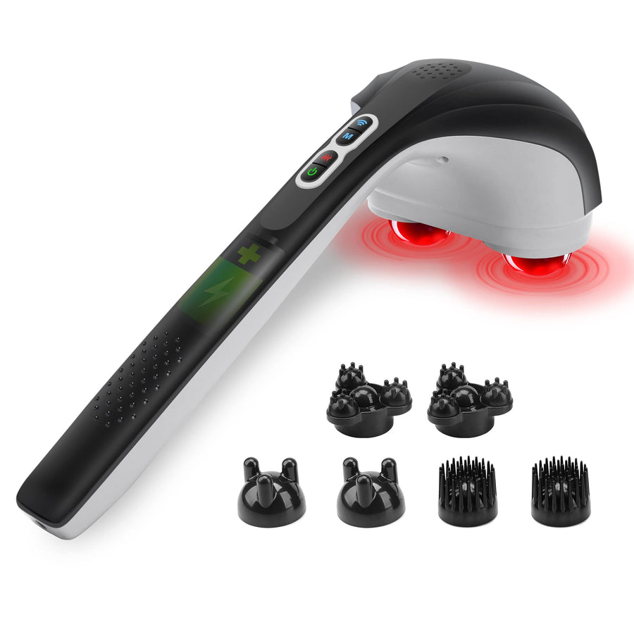 Cordless Handheld Back Massager with Heat, FSA HSA Eligible, Deep Tissue Percussion Massager, 3 Sets of Dual Pivoting Heads,Rechargeable Hand Held Massager for Neck,Back Shoulder,Calf,Legs