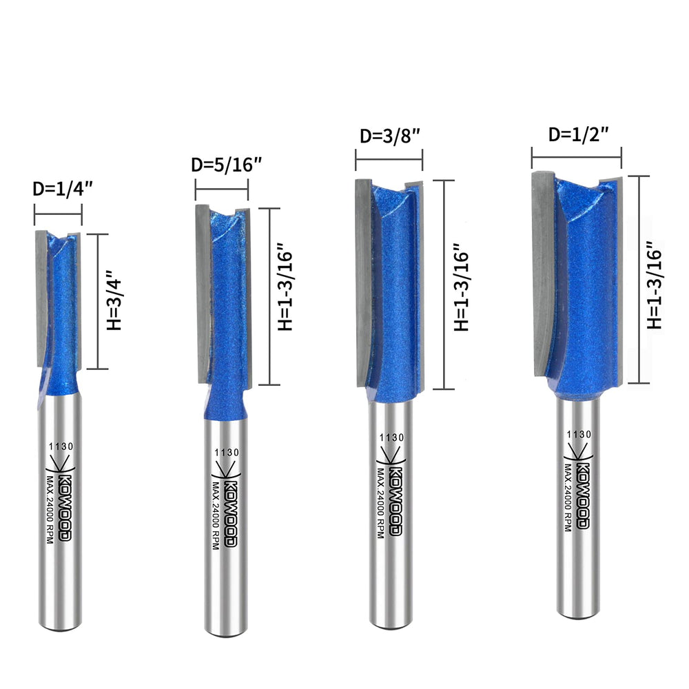 Plus Double Flute Straight Router Bit Set, 1/4 Inch Shank. Cutting Diameter in 1/4”, 5/16”, 3/8”, 1/2”. with updated Kowood C3 Carbide. Great for create groove, dado or hollow