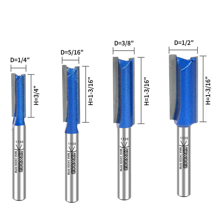 Plus Double Flute Straight Router Bit Set, 1/4 Inch Shank. Cutting Diameter in 1/4”, 5/16”, 3/8”, 1/2”. with updated Kowood C3 Carbide. Great for create groove, dado or hollow