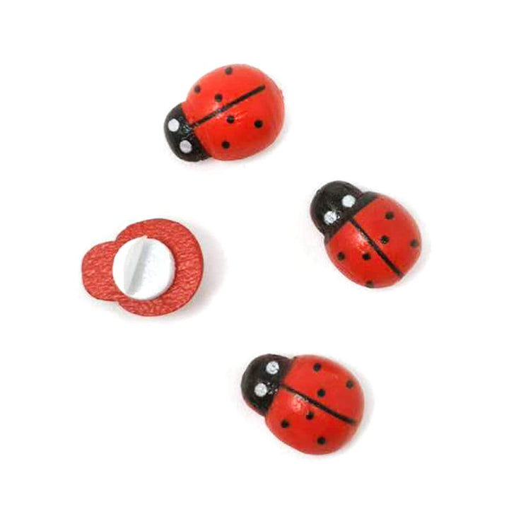 100PCS 10x13mm Flatback Self Adhesive Tiny Wooden Ladybug Embellishments for Micro Landscape, DIY Crafts and More (Red)