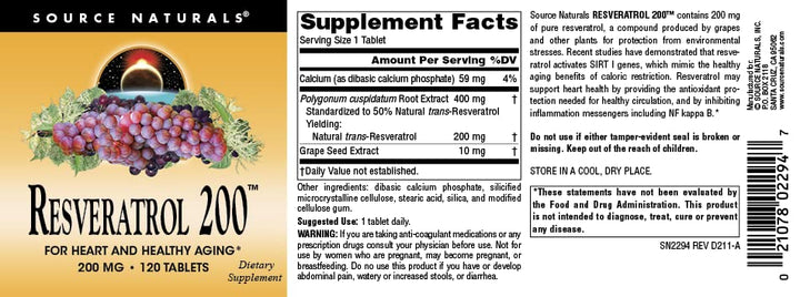 Resveratrol 200 for Healthy Aging*, 200 mg - 120 Tablets