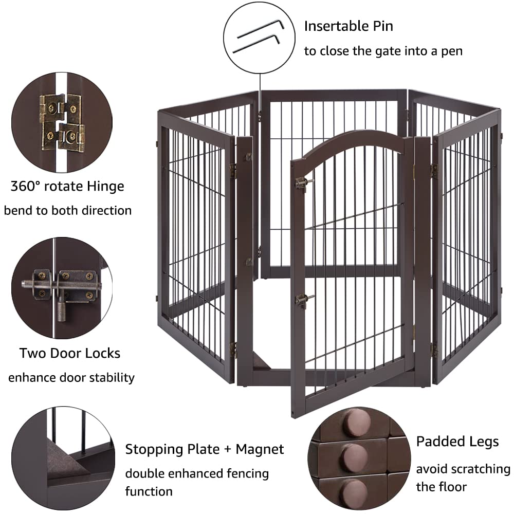 144 Extra Wide Dog Gate and Pet Playpen, Free Standing Tall Dog Fence with Walk Through Door, Barriers for Home, Use as Indoor Cats Pen, Rabbit Pen, Espresso