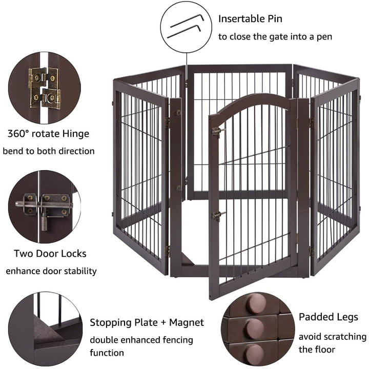 144 Extra Wide Dog Gate and Pet Playpen, Free Standing Tall Dog Fence with Walk Through Door, Barriers for Home, Use as Indoor Cats Pen, Rabbit Pen, Espresso