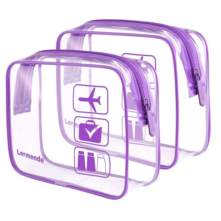 2pcs/pack Clear Toiletry Bag TSA Approved Travel Carry On Airport Airline Compliant Bag Quart Sized 3-1-1 Kit Luggage Pouch (Purple)