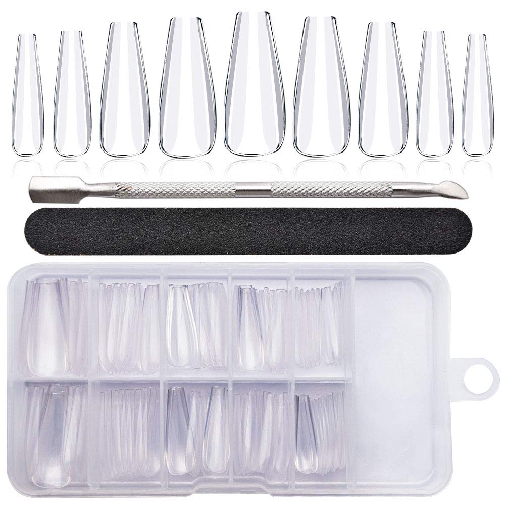 Clear Long Coffin Shaped Fake Nails, Ballerina Full Cover Acrylic Nail Tips, 100pcs Artificial False Nails with Nail File/Cuticle Pusher/Case for Salon Nail Art, DIY Long Coffin Nails Design Kit