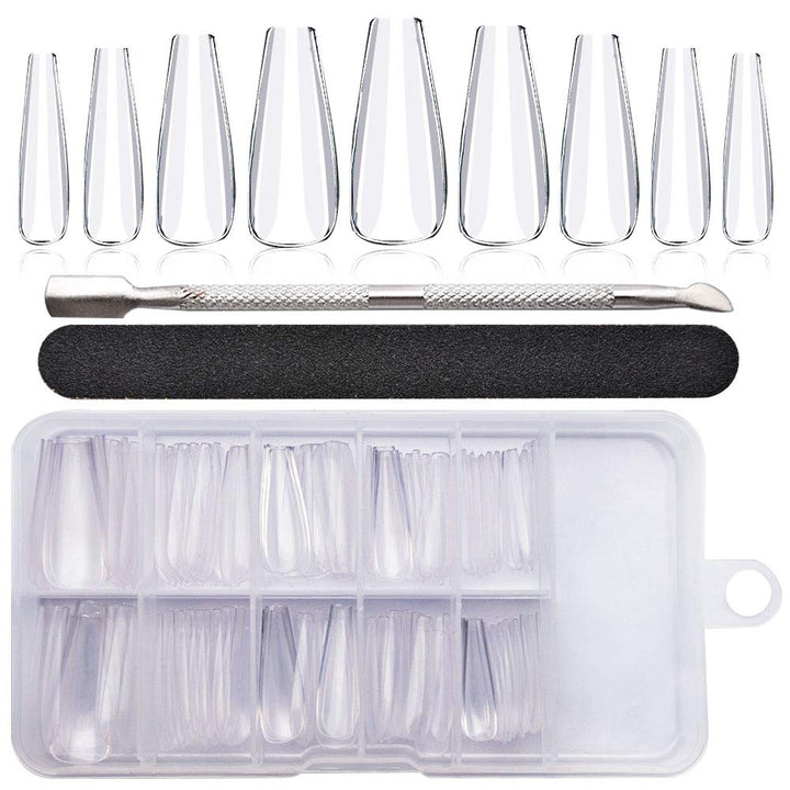 Clear Long Coffin Shaped Fake Nails, Ballerina Full Cover Acrylic Nail Tips, 100pcs Artificial False Nails with Nail File/Cuticle Pusher/Case for Salon Nail Art, DIY Long Coffin Nails Design Kit