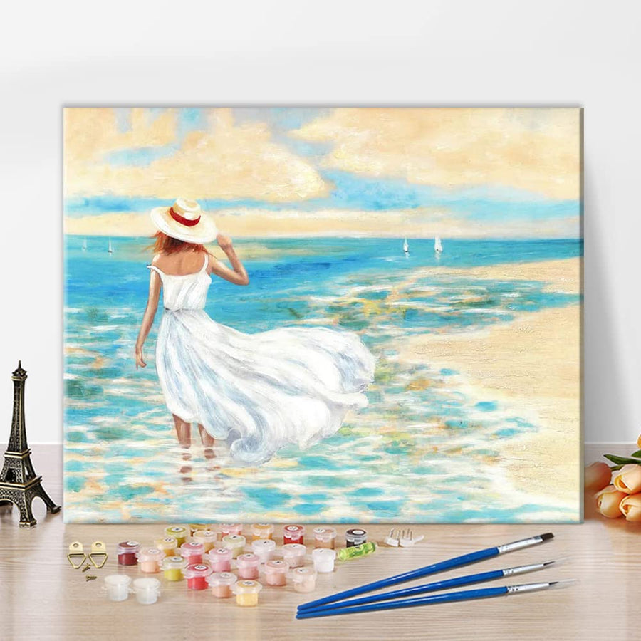 DIY Oil Painting Kit on Canvas Paint by Numbers for Adults Beach Paint by Number Acrylic Paint-by-Number Kits Easy Acrylic Number Painting - Girl & Ocean Home Arts Craft for Kids Beginner