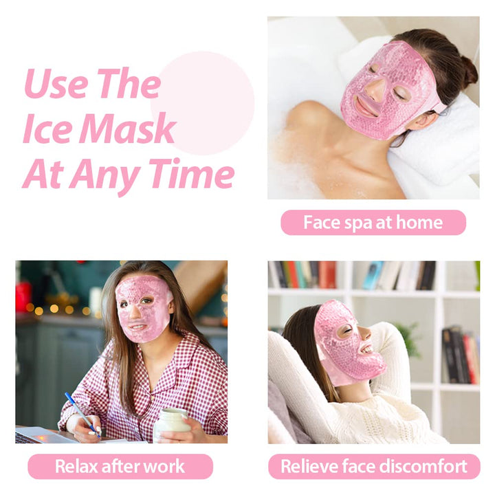 Ice Face Masks for Women, Hot Cold Therapy Gel Bead Full Facial Gel Mask Cold Eye Pack with Eye Hole & Plush Backing for Migraine Headache, Stress Relief - Pink