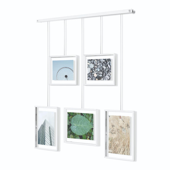 Exhibit Picture Frame Gallery Set, Adjustable Wall Collage Displays Five Photos (Two 4x6 and Three 5x7), Set of 5, White