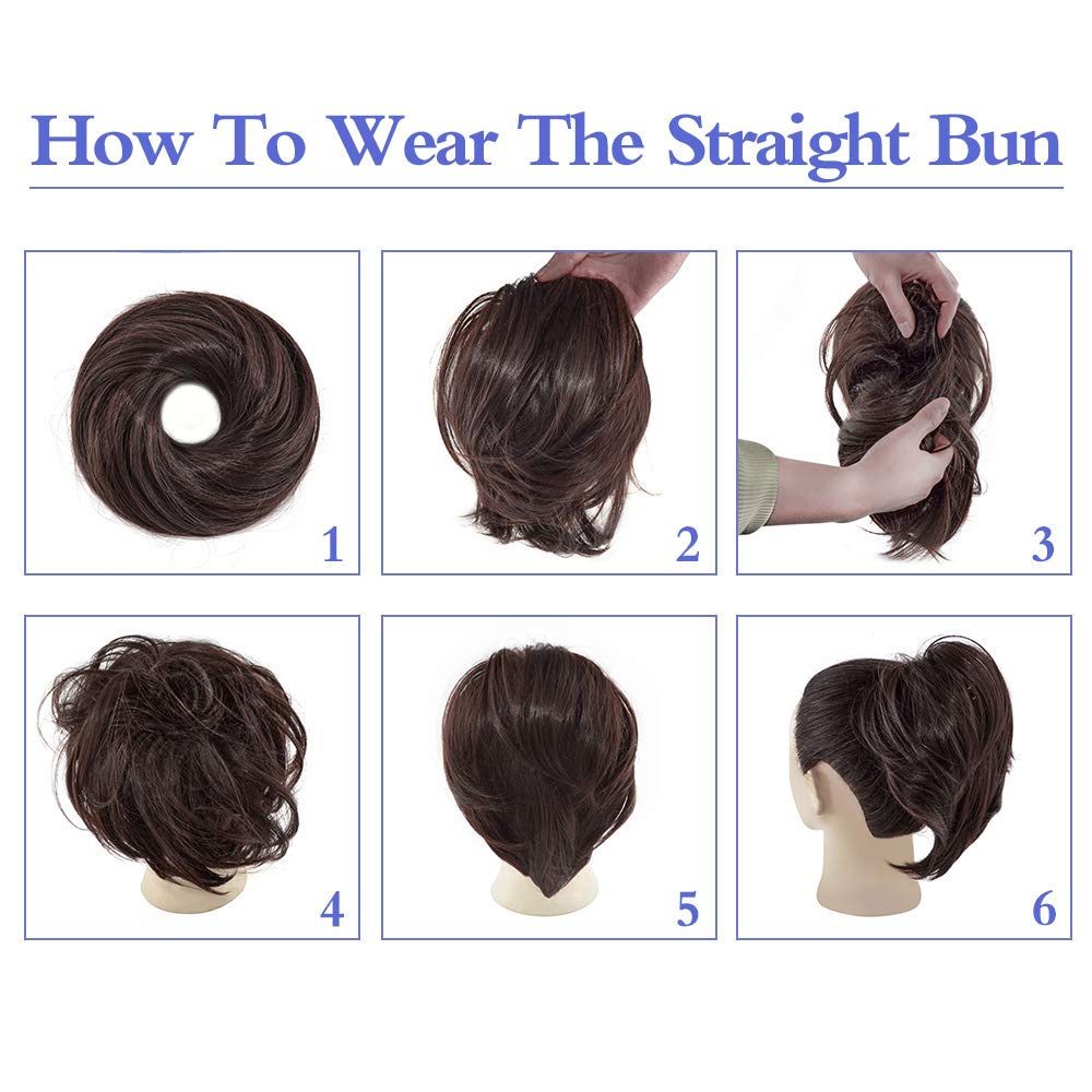 Hair Bun Ponytail Straight Bun Hair Pieces for Women Short Ponytail Bun Hair Extensions Tousled Updo Bun Hairpieces With Elastic Rubber Band Hair Accessories (Brown Black)