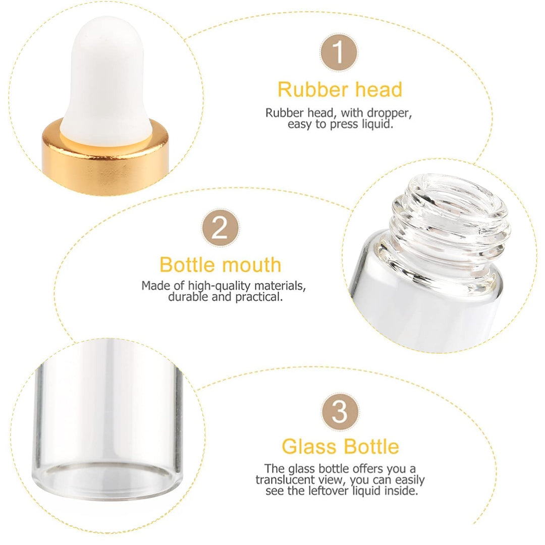 50 Pcs Clear Glass Dropper Vails 1ml Mini Essential Oils Sample Dropper Bottles For Traveling Essential Oils Perfume Cosmetic Liquid,With 2 pcs dropper