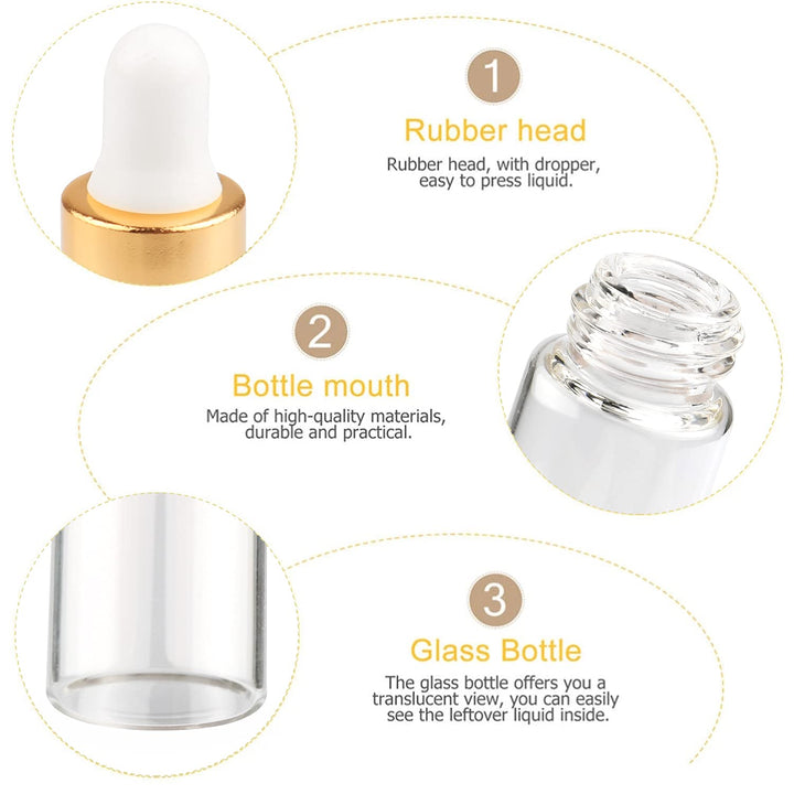 50 Pcs Clear Glass Dropper Vails 1ml Mini Essential Oils Sample Dropper Bottles For Traveling Essential Oils Perfume Cosmetic Liquid,With 2 pcs dropper
