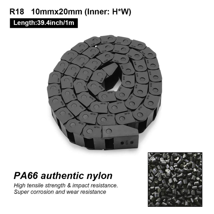 R18 10mm x 20mm(Inner H x Inner W) Black Plastic Cable Wire Carrier Drag Chain 1M Length for CNC, with End Connectors - Bridge Type (Non-openable)