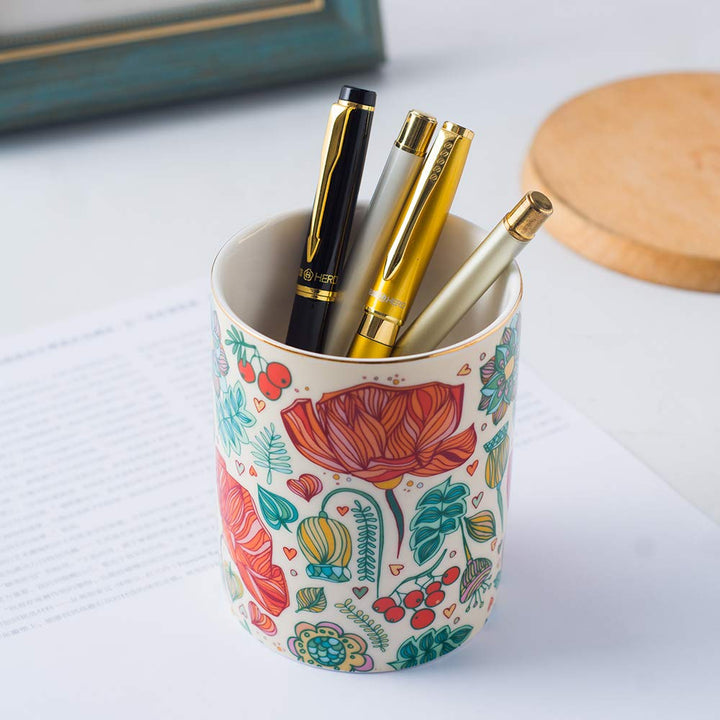 Ceramic Desk Holder Round Pen Holder Stand Pencil Cup Pot Desk Organizer Makeup Brush Holder (Pink-Square)