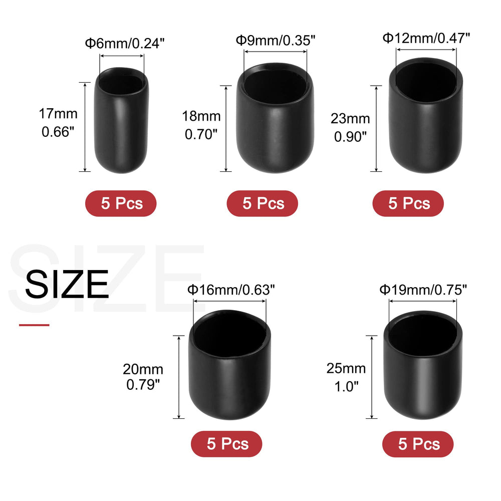 25pcs Round Rubber End Caps 1/4 3/8 1/2 5/8 3/4 Black Vinyl Cover Screw Thread Protectors Assortment Kit