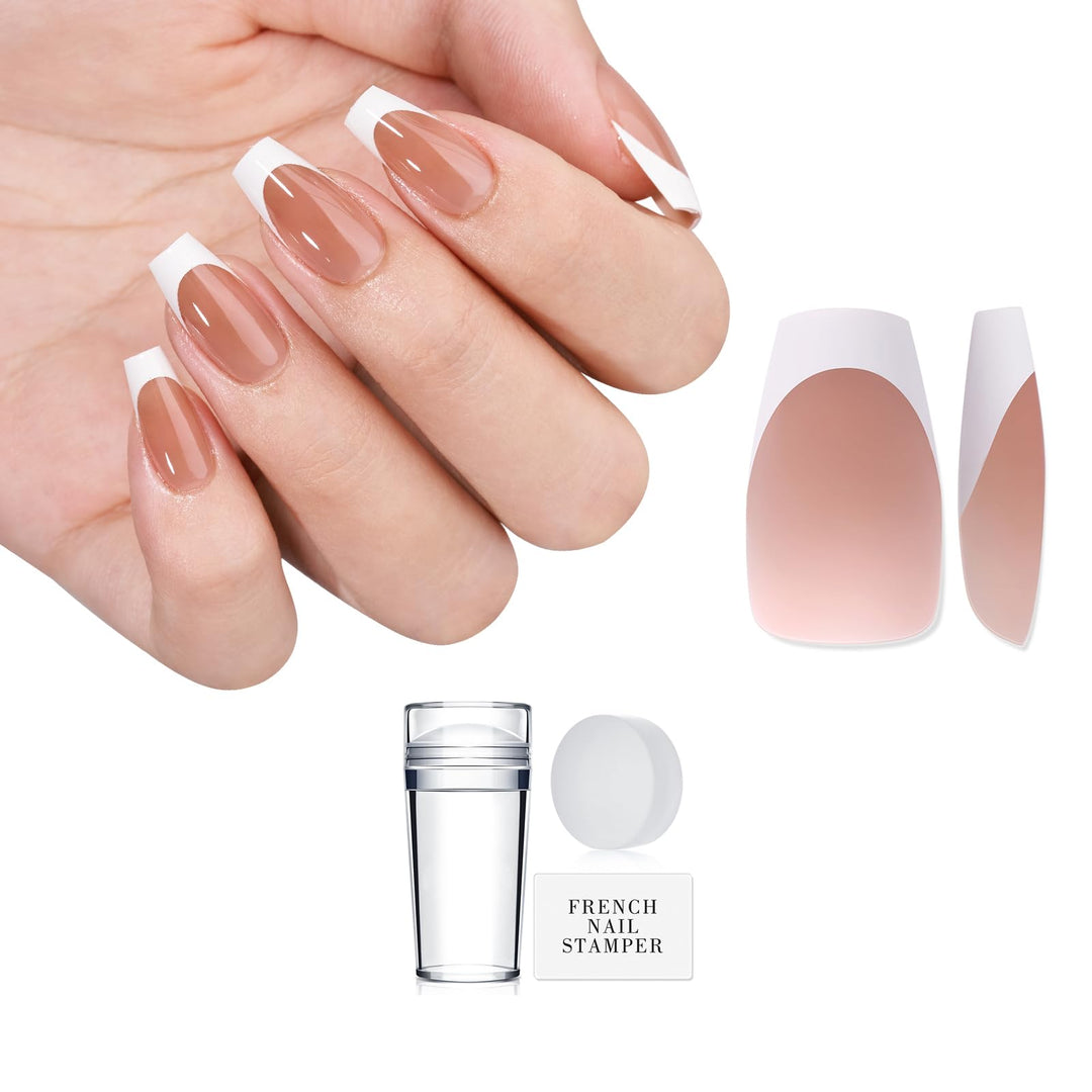 French Nail Stamper - French Tip Nail Tools with Replaceable Stamper Head and Nail Scraper Silicone Nail Stamper Kit