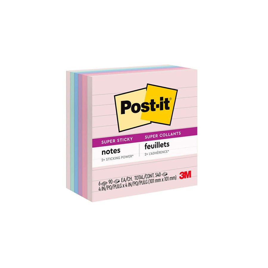 Super Sticky Recycled Notes, 4x4 in, 6 Pads, 2x the Sticking Power, Bali Collection, Pastel Colors (Lavender, Apricot, Blue, Pink, Mint), 30% Recycled Paper (675-6SSNRP)