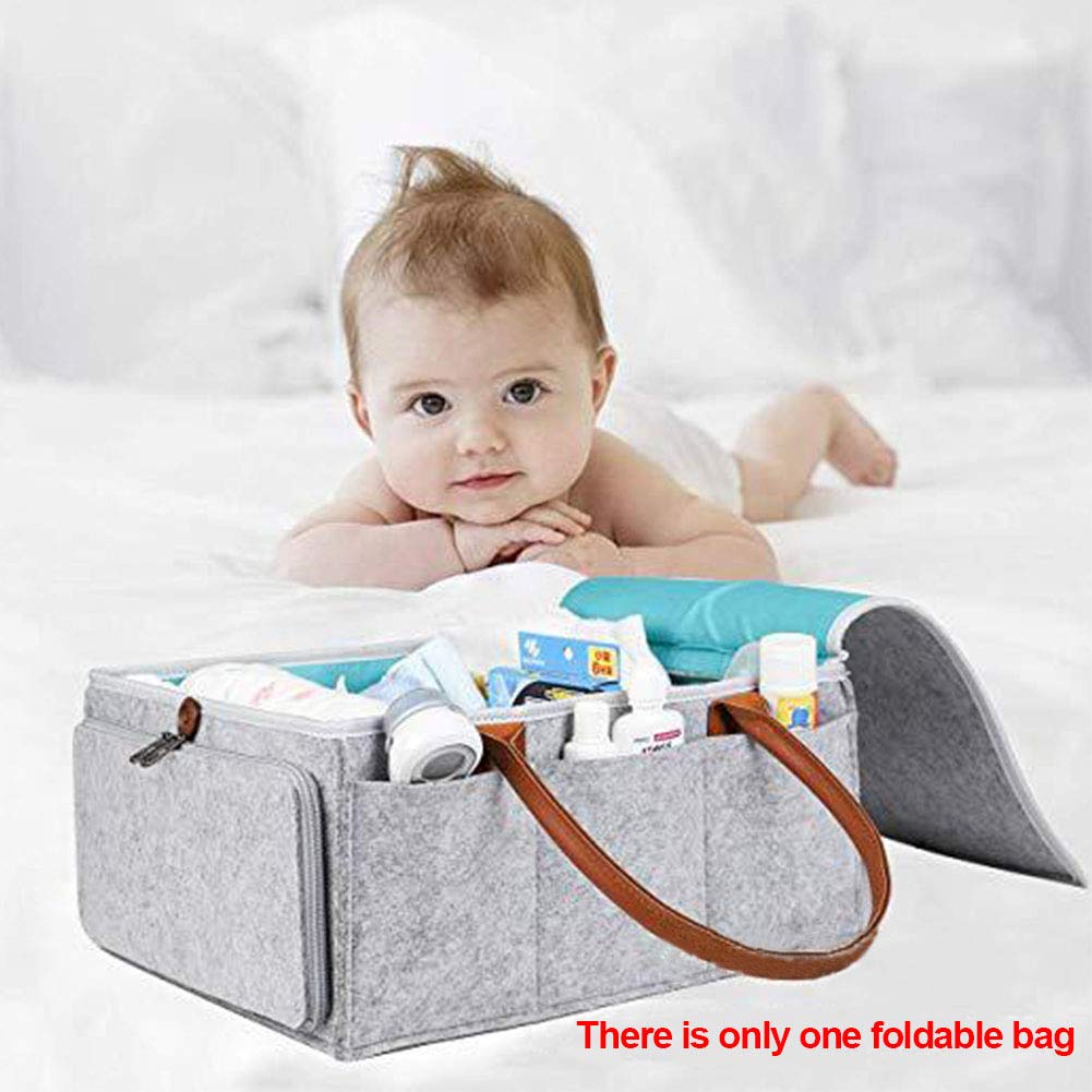 Large Diaper Caddy Organizer Baby Nursery Storage Basket with Zipper Lid and Leather Handle Baby Wipes Stacker Bin Holder - 38 x 25 x 18 cm